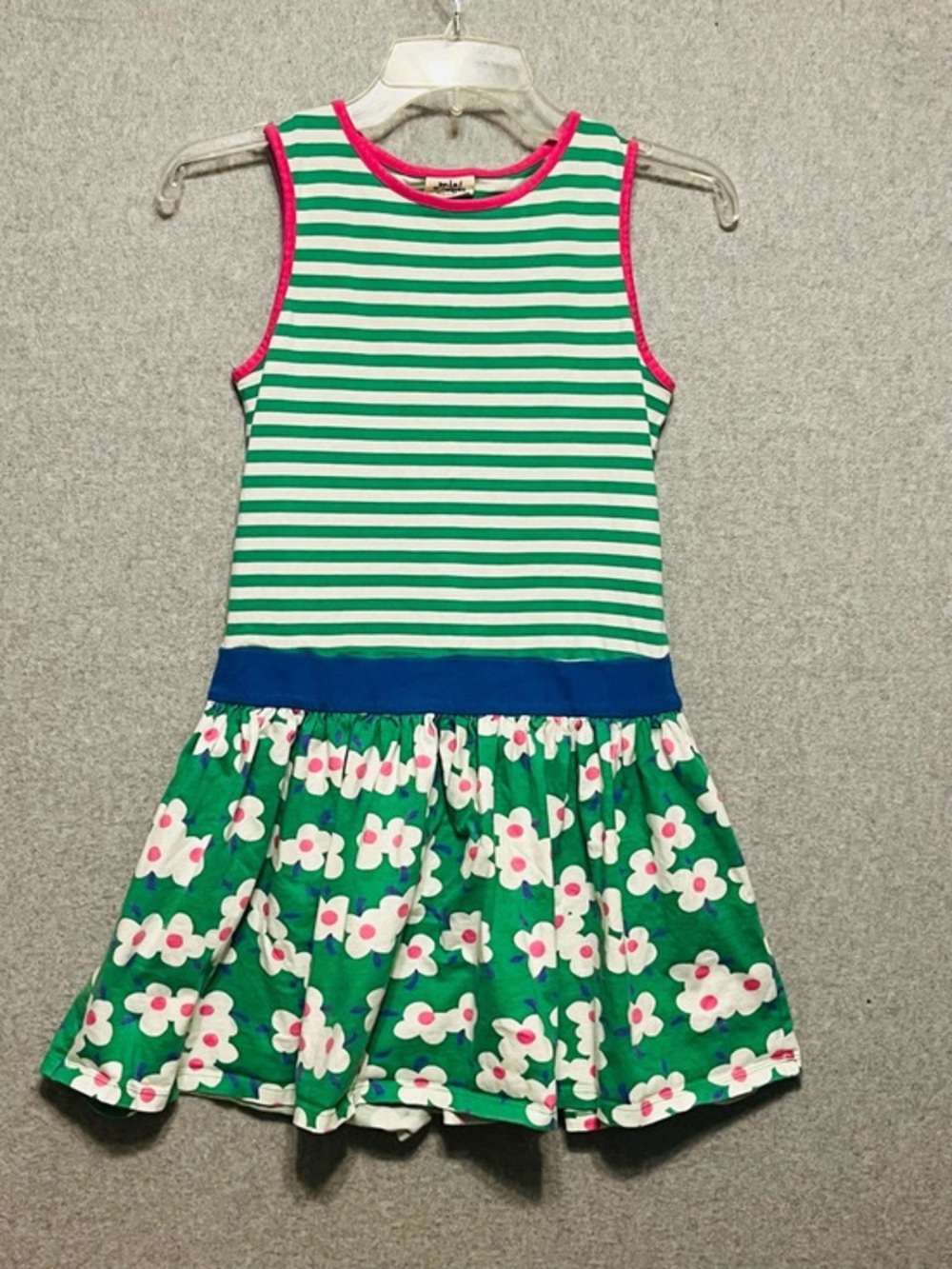 Girls Green Stripe & Floral Tank Dress with Pink Trim